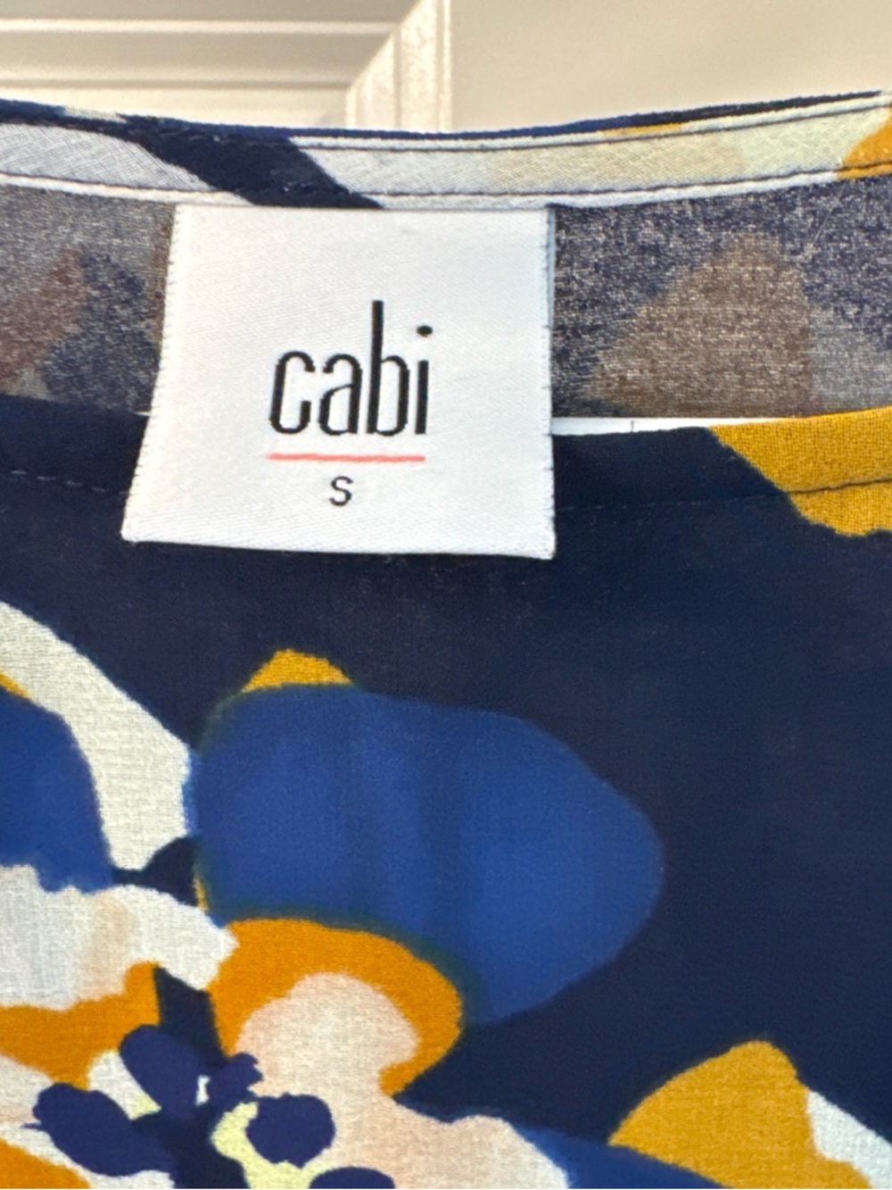 CAbi Navy Floral Top with Blue & Mustard Blooms